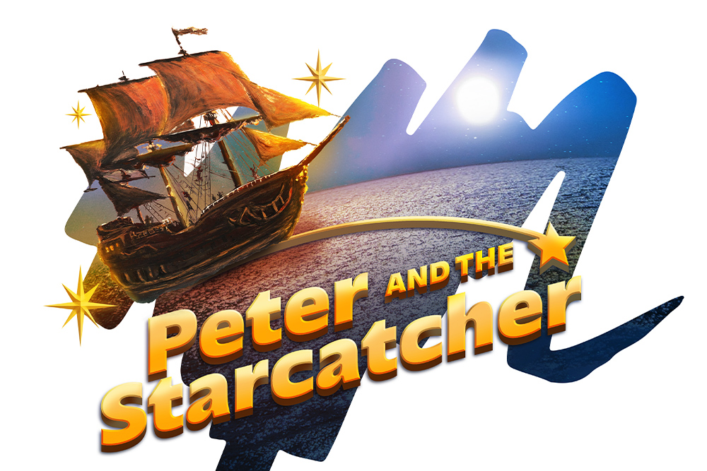 An illustration of a sailing ship flying over the clouds for the play, "Peter and the Starcatcher."